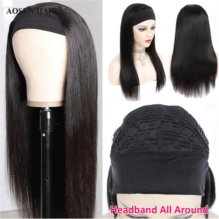 Brazilian Hair Straight Headband Wigs Glueless None Lace Machine Made Wig