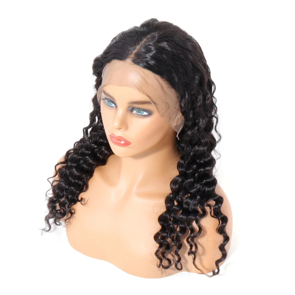 13x2 U Part Lace Front Wigs Deep Curly 200% Density Human Hair Pre Plucked with Baby Hair Natural Black Color Deep Wave Wig for Women