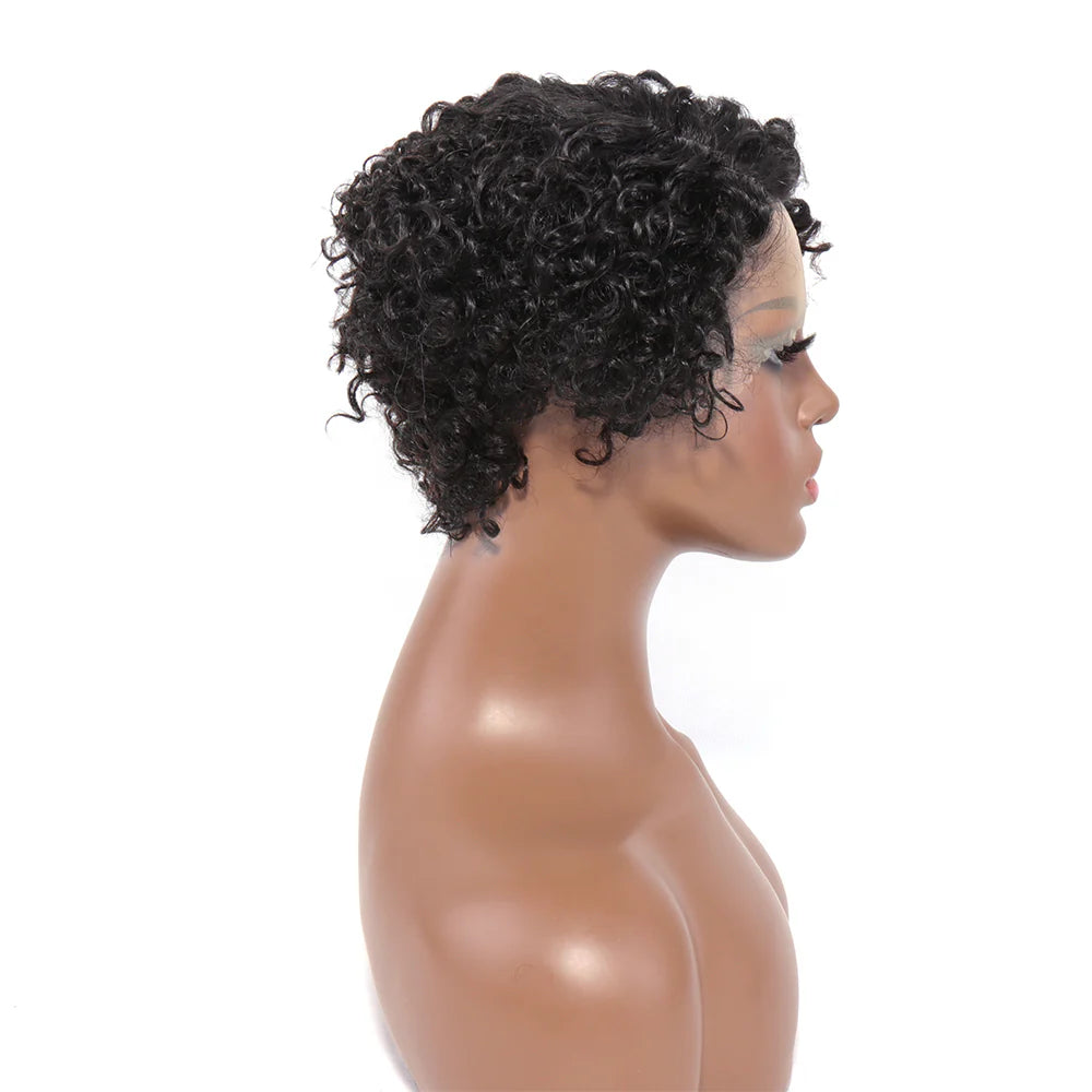 100% Human Hair Pixie Curly Side Part 13x4x1 T-Part Lace Wig 150% Density Natural Black Color Jerry Curly Pre Plucked with Baby Hair Glueless