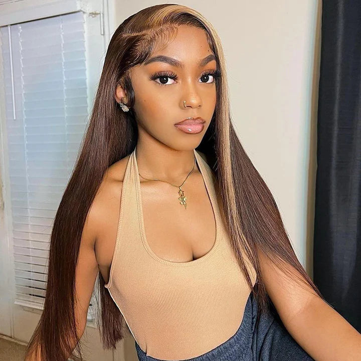 Honey Blonde &amp; Brown Highlight Wigs Straight 13x4 Lace Front Wig