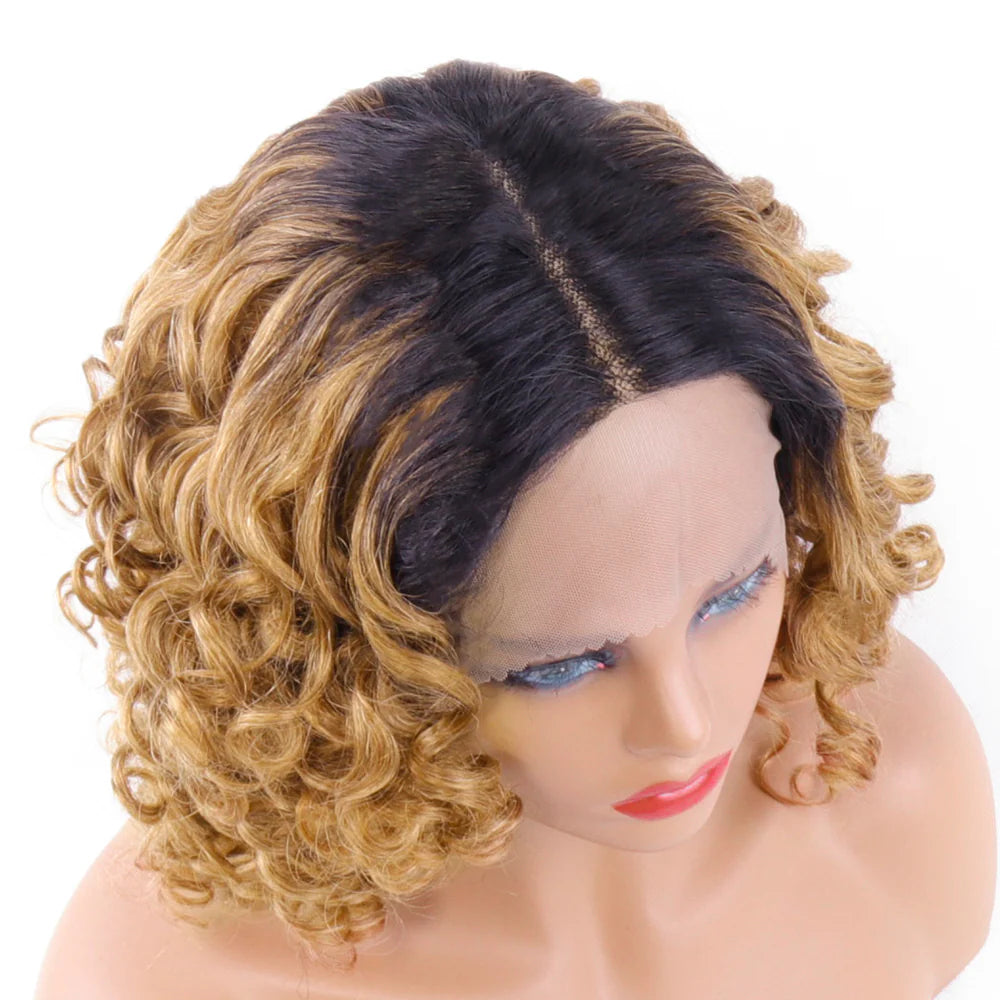 13x5x1 T-Part Lace Wig Romance Bouncy Curly Wig 1B/30 Color Human Hair Wig With 200% Density