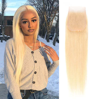 Brazilian 613 Color Blonde Straight 4x4 Lace Closure 100% unprocessed Human Hair Free Part Pre-Plucked With Baby Hair