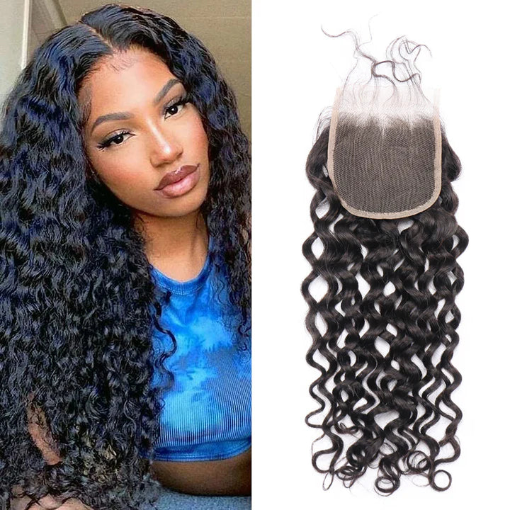 4x4 Lace Closure Italian Wave Brazilian Virgin Unprocessed Human Hair Free Part with Baby Hair Curly Wave Natural Color