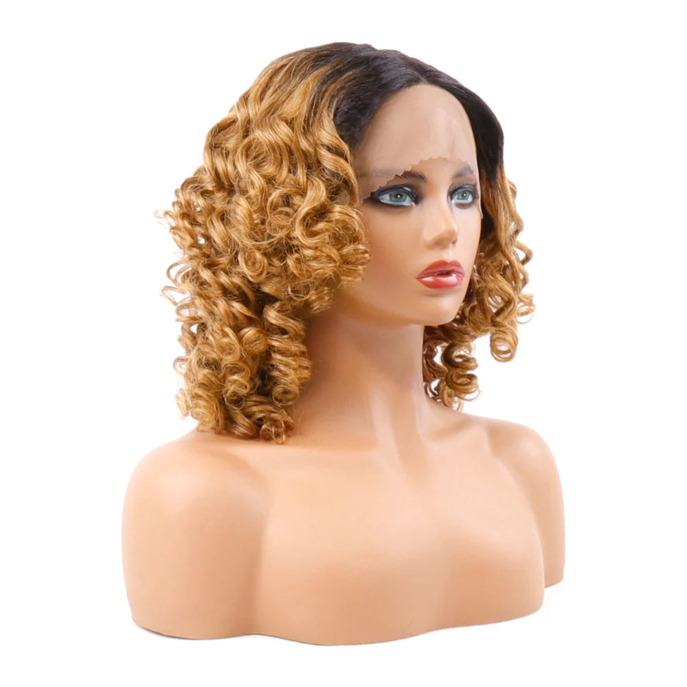 13x5x1 T-Part Lace Wig Romance Bouncy Curly Wig 1B/30 Color Human Hair Wig With 200% Density