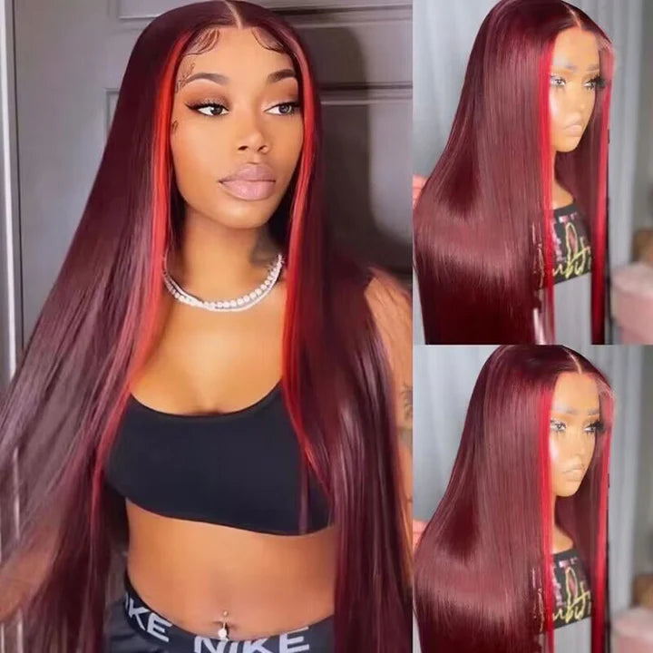 Burgundy 99J &amp; Red Streaks Straight Human Hair Wigs Transparent 13*4 Lace Front Wig