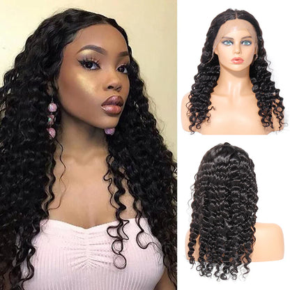 13x2 U Part Lace Front Wigs Deep Curly 200% Density Human Hair Pre Plucked with Baby Hair Natural Black Color Deep Wave Wig for Women