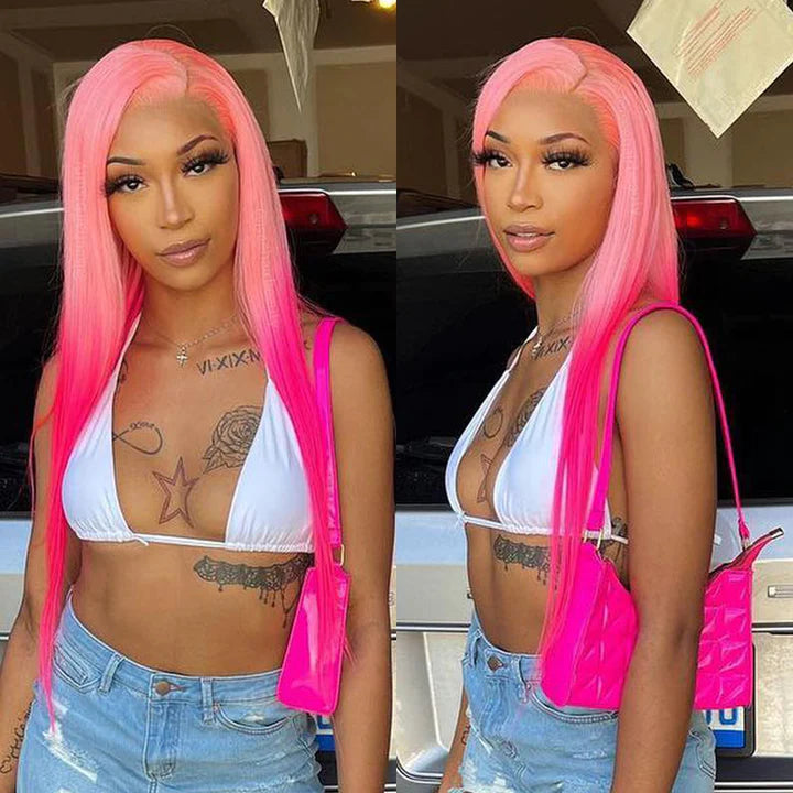 Ombre Pink Straight Lace Front Wigs 100% Human Hair Wig 13x4 Frontal Wig