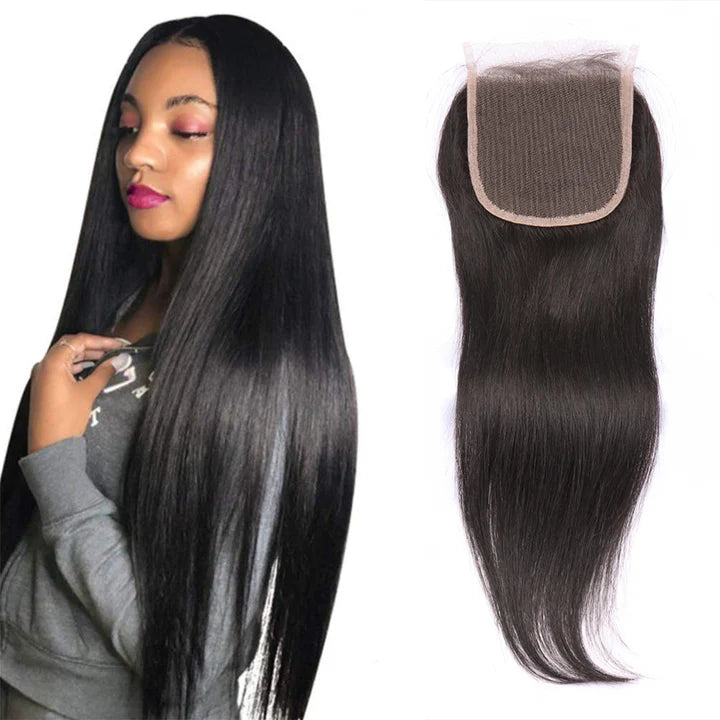 100% Unprocessed Human Hair Brazilian Lace Closure Straight Hair 4x4 Free Part Lace Closure Natural Black