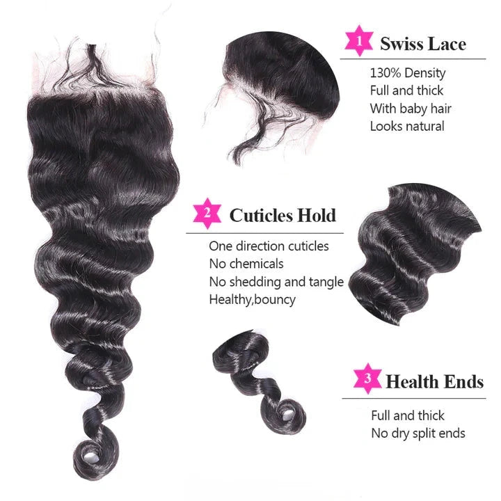 Cacaolux Brazilian Hair Loose Wave Bundles with Closure 100% Natural with Free Shipping