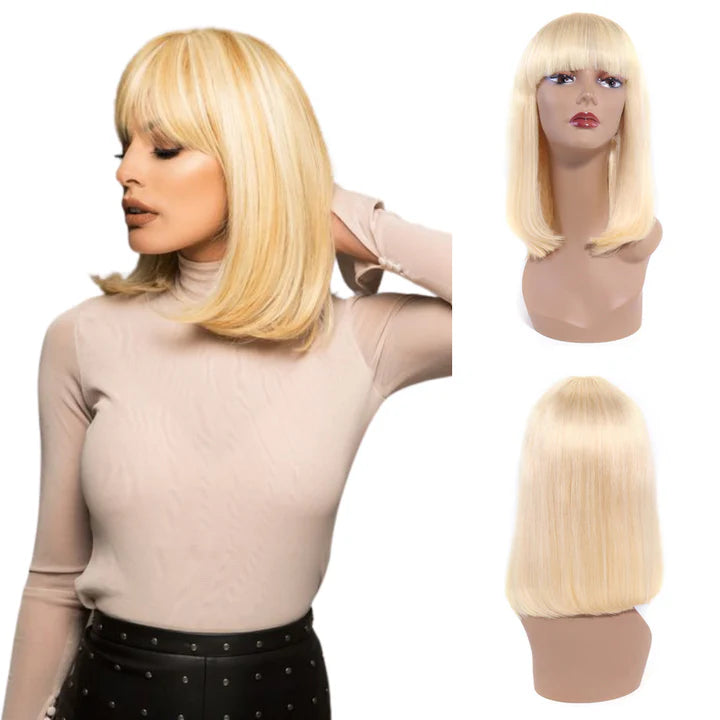 613 Bob Wig with Bangs Glueless 150% Density Barazilian Human Hair None Lace Machine Made Blonde Straight Wigs