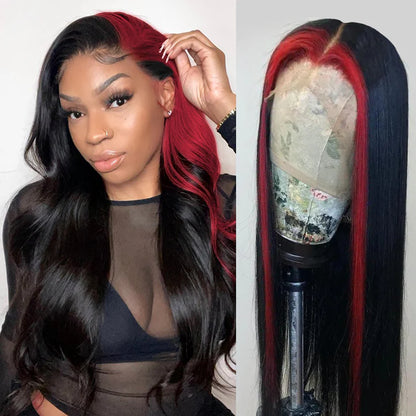 Wine Red Burgundy Color Skunk Stripe Straight Human Hair Lace Front Wigs