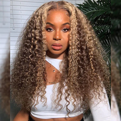 Highlight Color Water Curly Human Hair Lace Front Wig Piano Color Ombre Honey Blonde Human Hair 13x4 Lace Wig