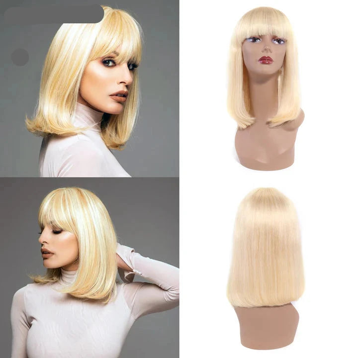 613 Bob Wig with Bangs Glueless 150% Density Brazilian Human Hair None Lace Machine Made Blonde Straight Wigs