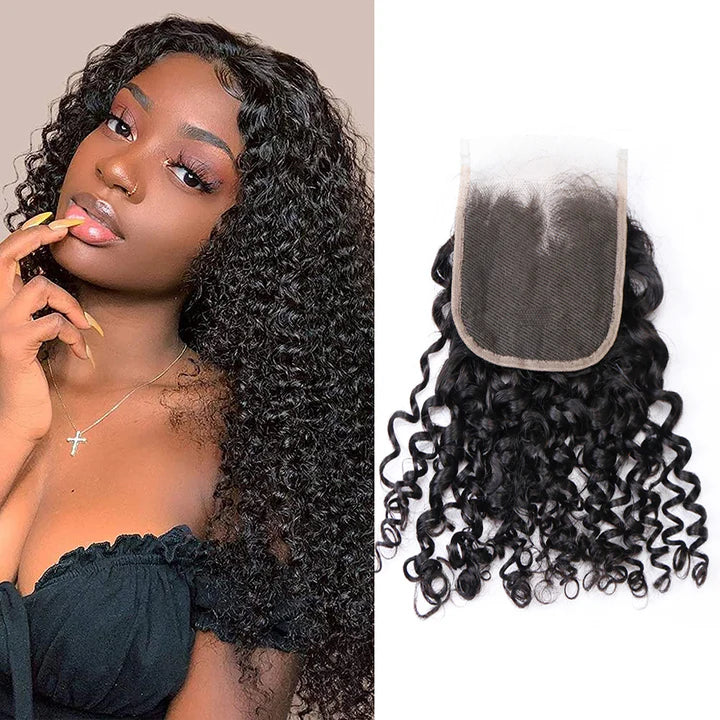 Brazilian Virgin 4x4 Funmi Kinky Curly Lace Cosure 100% Unprocessed Human Hair Fumi Free Part Curly Closure Bleached Knots