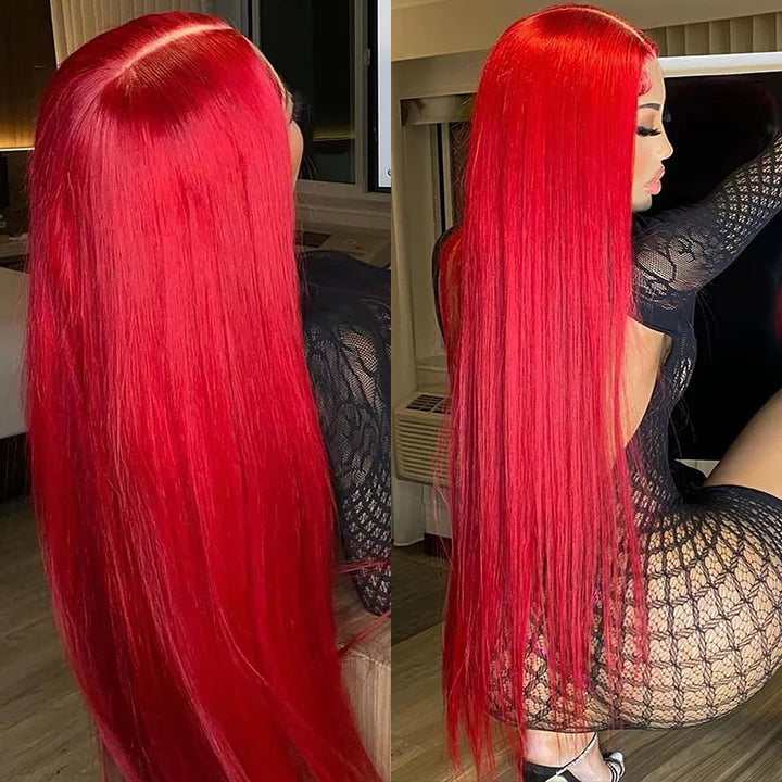 Red Color Silky Straight Human Hair Lace Front Wig