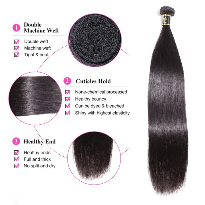 Cacaolux Straight Hair 3 Bundles With Closure Virgin Human Hair 4*4 Swiss Lace Brazilian Hair