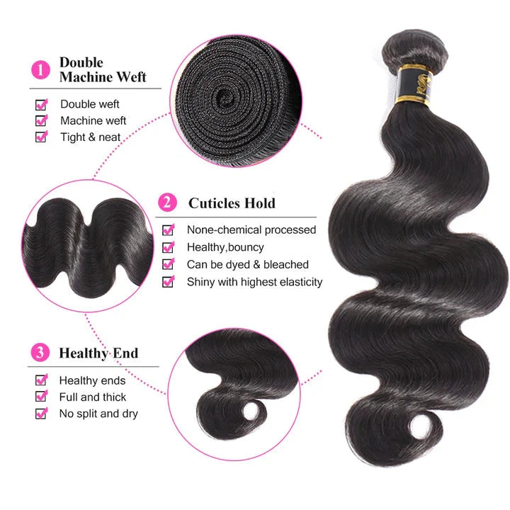 Cacaolux Human Hair Bundles With Closure 3 Bundles Body Wave Brazilian Hair With Swiss Lace Closure