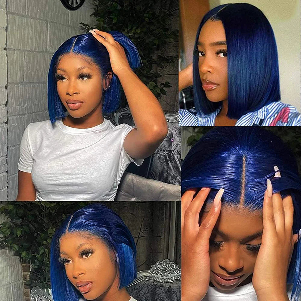 Brazilian Straight Short Bob Wigs Dark Blue T-Part Lace Front Human Hair Middle Part Pre Plucked Hairline with Baby Hair