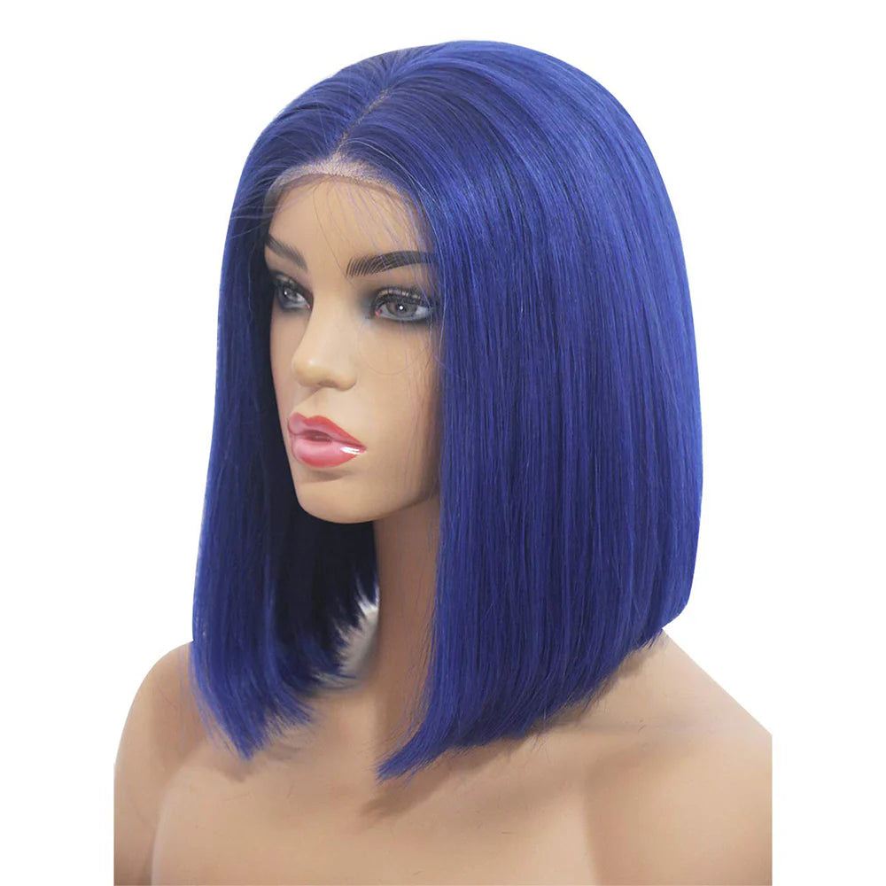 Brazilian Straight Short Bob Wigs Dark Blue T-Part Lace Front Human Hair Middle Part Pre Plucked Hairline with Baby Hair