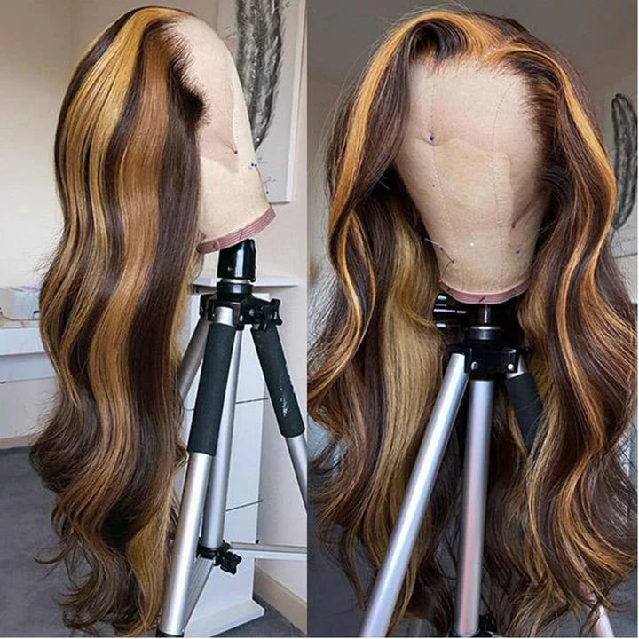 Cacaolux Honey Blonde Highlight P4/27 Color Body Wave 13x4 Front Lace Human Hair Wigs 150% Density