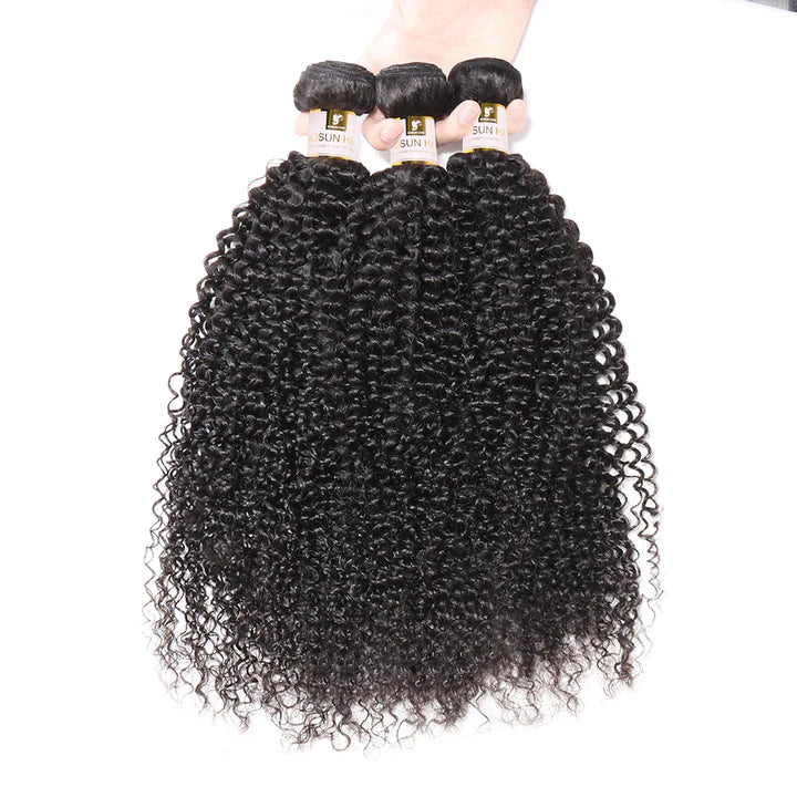 100% Unprocessed Peruvian Hair Kinky Curly 3 Bundles with 4x4 Closure Curly Weft Extensions Weaves Natural Black