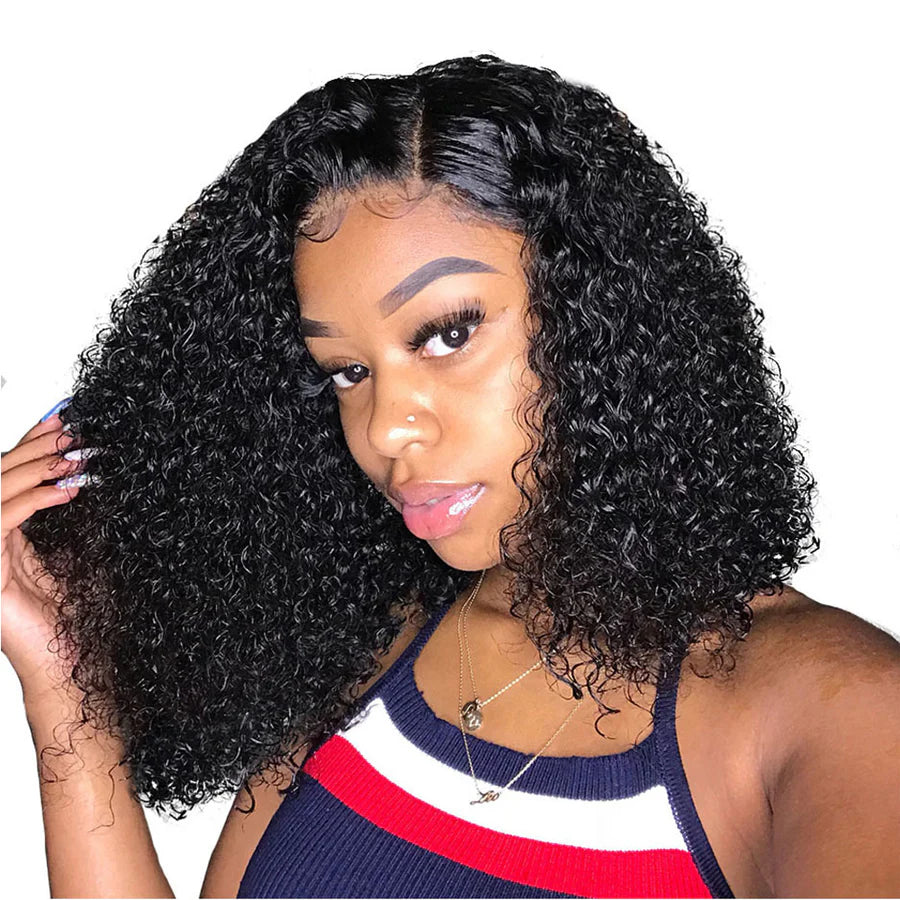 180% Short Curly Bob Wig Lace Front Human Hair Wigs Transparent Lace T Part Kinky Curly Human Hair Wig