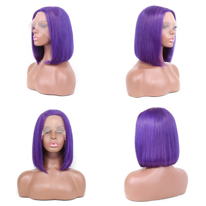 Cacaolux Short Purple Bob Wig Silky Straight 13x1x4 Swiss Lace Front T Part Virgin Human Hair Wigs Pre Plucked for Women 150% Density