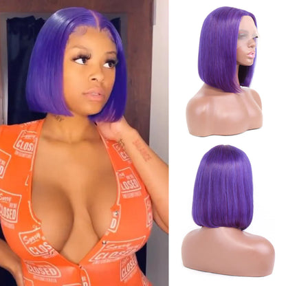 Cacaolux Short Purple Bob Wig Silky Straight 13x1x4 Swiss Lace Front T Part Virgin Human Hair Wigs Pre Plucked for Women 150% Density